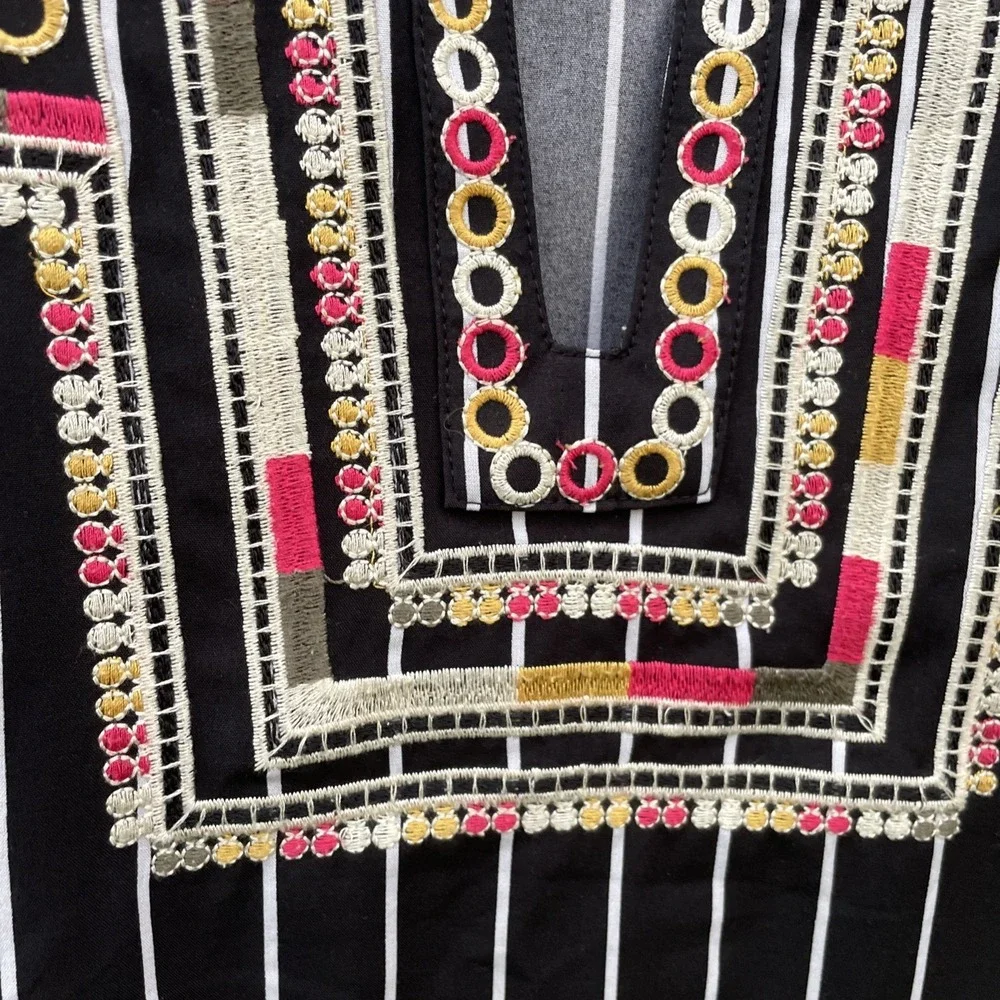 THML top Medium Black White Striped With Green Tan Pink And Yellow Embroidery - Picture 5 of 16